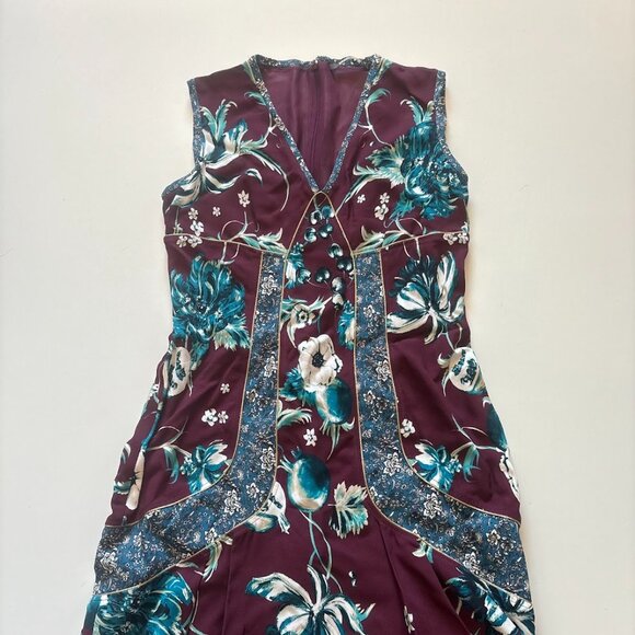 Roberto Cavalli Forbidden Fruit Sleeveless Dress Floral Maroon Blue V Neck - Picture 3 of 11